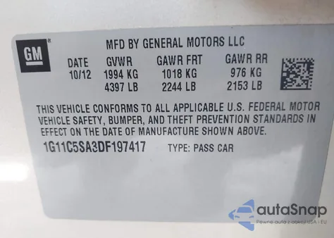 2013 Chevrolet Malibu 1Lt z USA, uszkodzony, nr VIN 1G11C5SA3DF197417